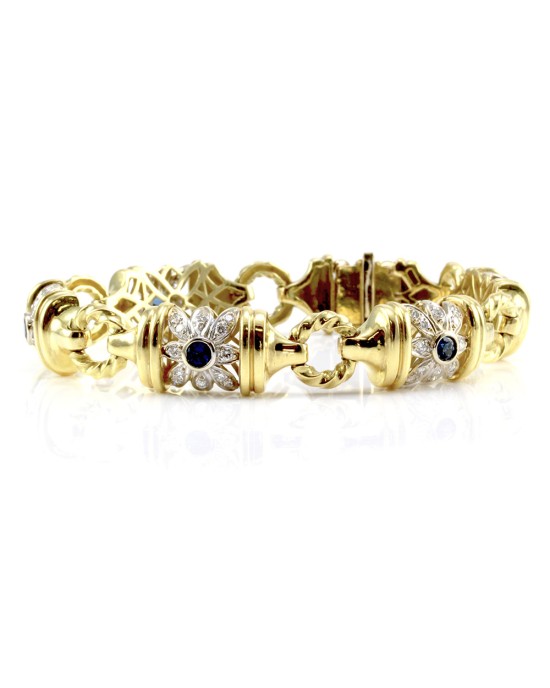SeidenGang Blue Sapphire & Diamond Flower Link Bracelet in 18K Gold