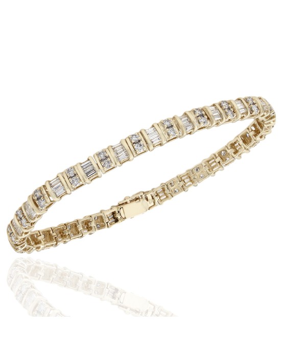 Round and Baguette Diamond Inline Bracelet in Yellow Gold