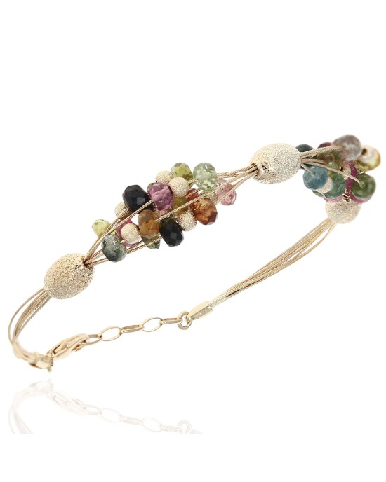 Multi Color Tourmaline and Gold Bead Wire Bracelet