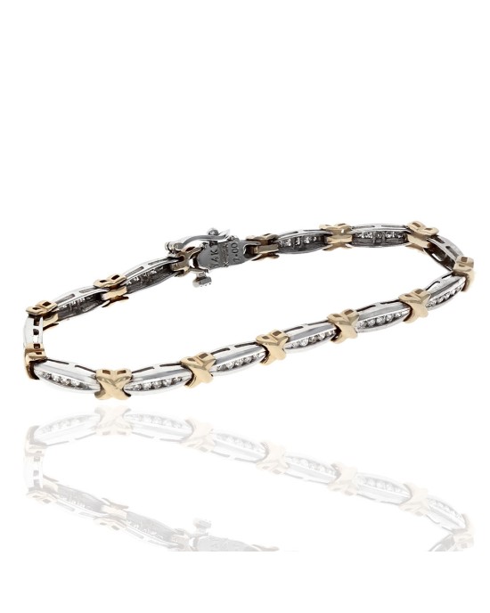 Diamond Alternating Elongated Oval and X Link Bracelet in White and Yellow Gold
