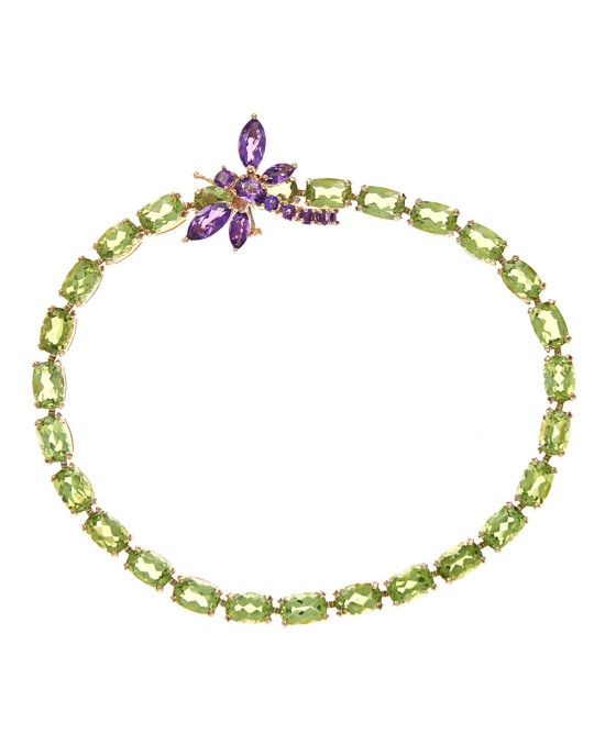Peridot and Amethyst Dragonfly Bracelet in Yellow Gold