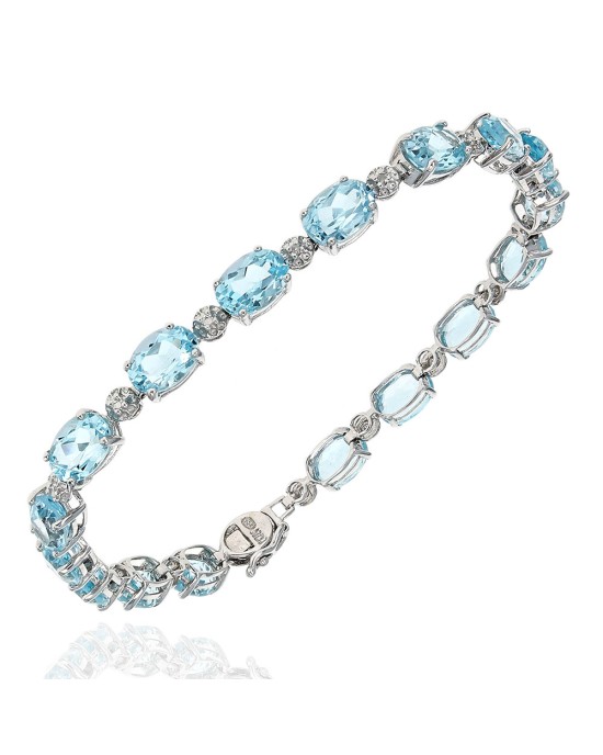 Alternating Sky Blue Topaz and Diamond Inline Bracelet in White Gold