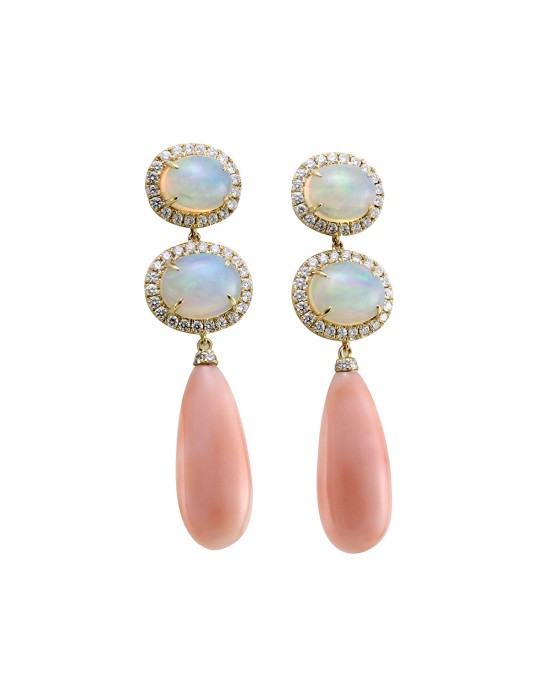 Opal, Diamond Halo and Pink Coral Dangle Earrings