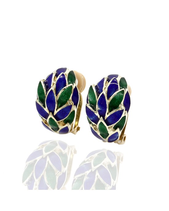 Blue and Green Enamel Earrings in Gold