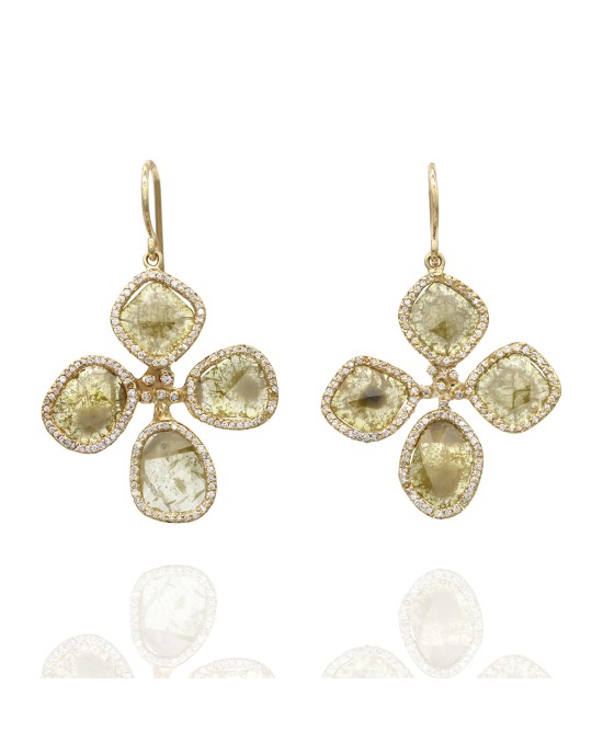 Fancy Yellow Diamond Slice and Pave Diamond Earrings in Gold