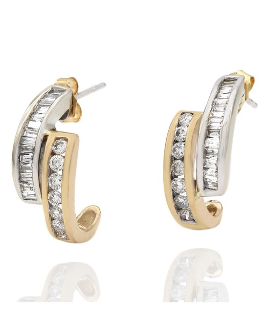 Two-Tone Round and Baguette Channel Set Diamond Earrings in 14k