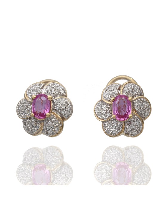 Pink Sapphire and Diamond Pave Flower Earrings