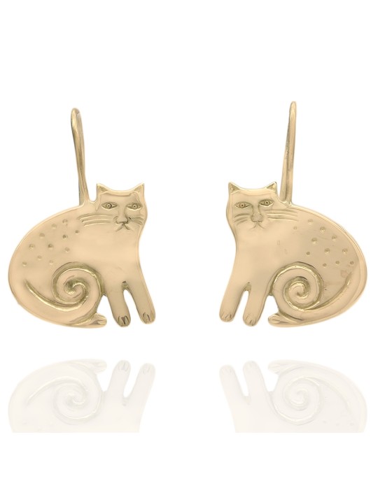 Etched Cat Drop Earrings in Gold