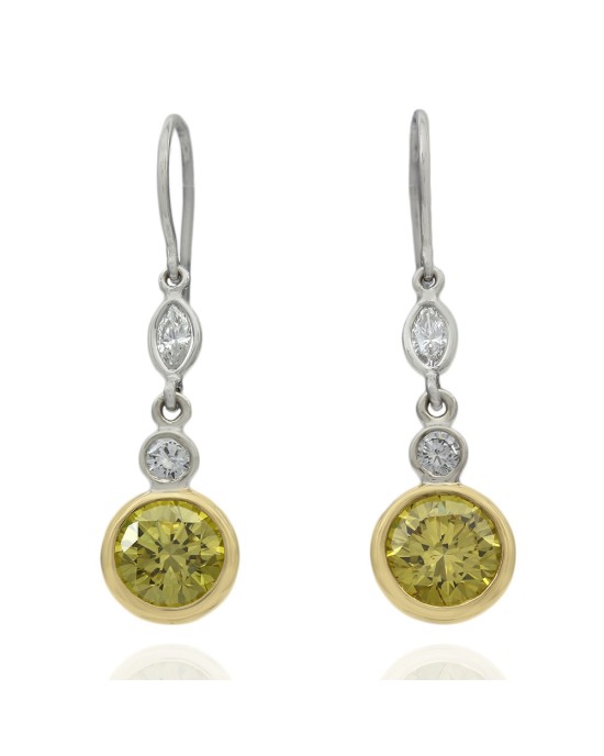 Marquise and Irradiated Yellow Round Diamond Drop Earrings