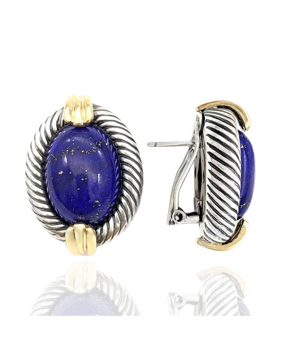 Lapis Cabochon Earrings in Silver and Gold