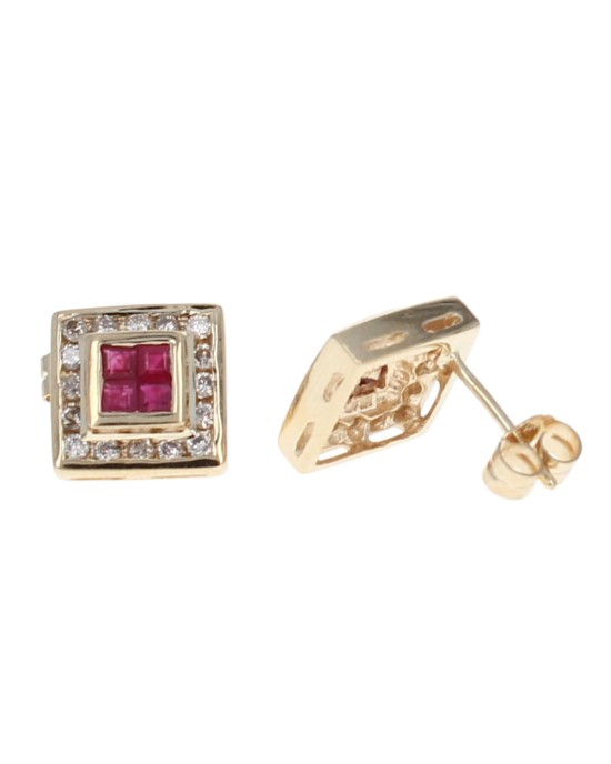 Square Ruby and Round Diamond Halo Earrings