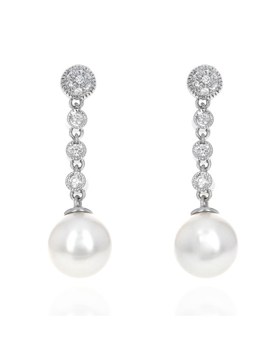 Pearl and Diamond Station Dangle Earrings in White Gold