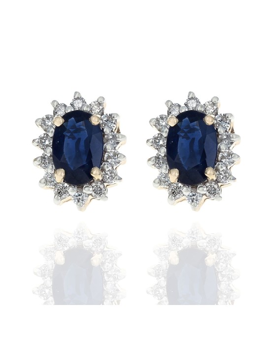 Blue Sapphire and Diamond Halo Stud Earrings in White and Yellow Gold