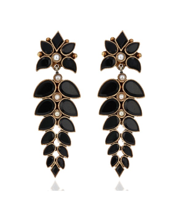 Vintage Black Onyx and Seed Pearl Foliate Motif Dangle Earrings