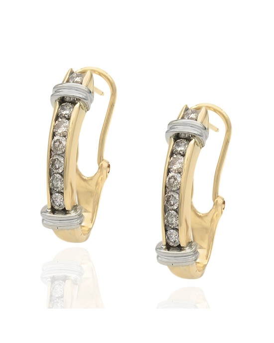 Diamond Fluted Accent 'J' Hoop Earrings in White and Yellow Gold