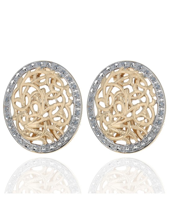 Open Cut Filigree Oval Earrings in White and Yellow Gold