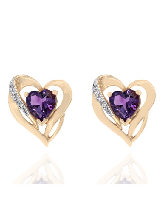Amethyst and Diamond Open Ribbon Heart Stud Earrings in White and Yellow Gold