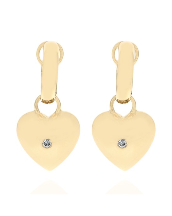 Diamond Puffed Heart Drop Earrings in Yellow Gold
