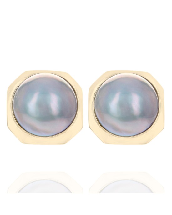 Round Cabochon Gray Mabe Pearl Stud Earrings