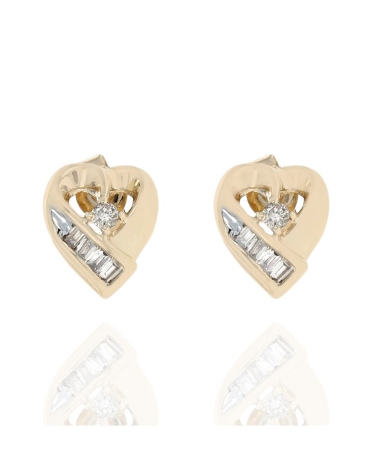 Diamond Open Ribbon Heart Stud Earrings in Yellow Gold