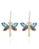 Swiss Blue Topaz and Amethyst Dragonfly Dangle Earrings in Yellow Gold