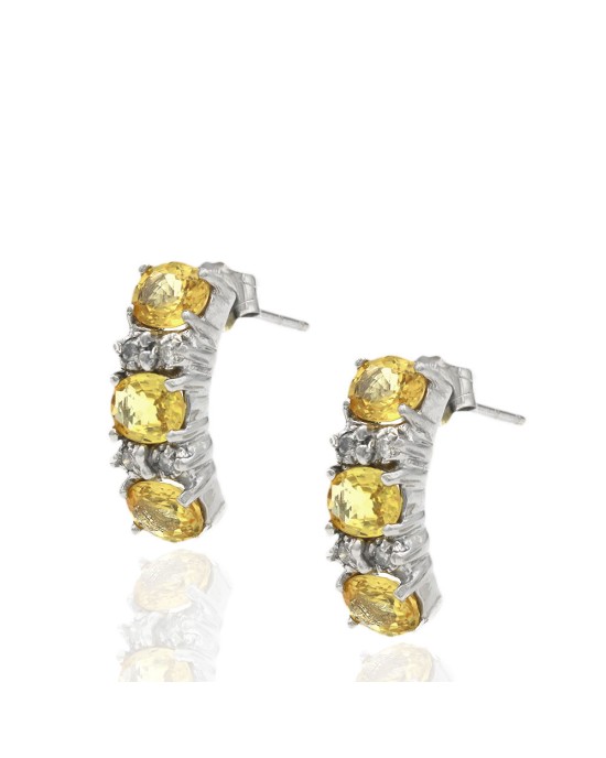 Alternating Yellow Sapphire and Diamond Curved Earrings in White Gold