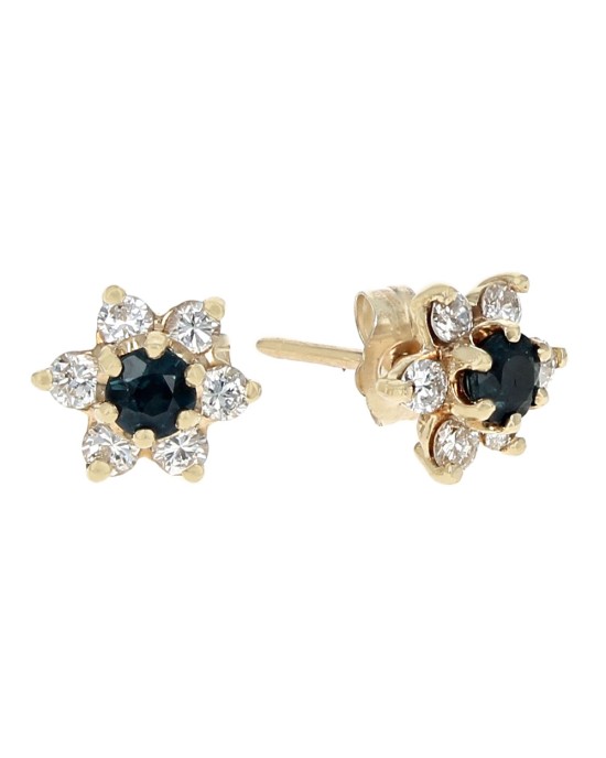 Blue Sapphire and Diamond Flower Stud Earrings in Yellow Gold