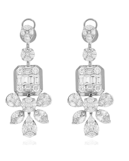Mixed Cut Diamond Mosaic Chandelier Drop Earrings in White Gold
