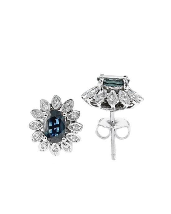 Blue Sapphire and Diamond Halo Stud Earrings in White Gold