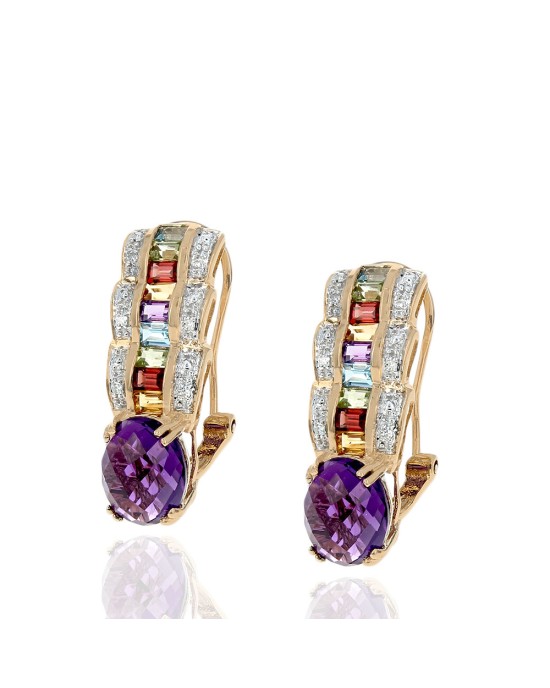 Checkerboard Amethyst and Multi Stone Elongated Earrings