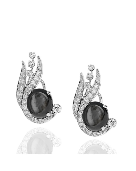 Black Star Sapphire and Diamond Winged Earrings