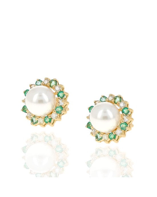 Pearl, Emerald, and Diamond Halo Stud Earrings in Yellow Gold