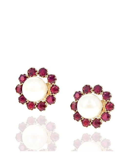 Pearl and Ruby Stud Earrings in Yellow Gold
