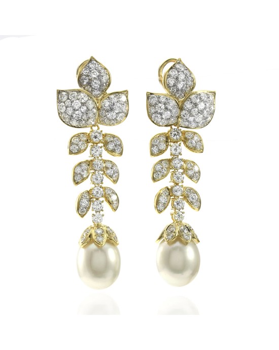 Pave Diamond and Pearl Detachable Dangle Earrings in Gold