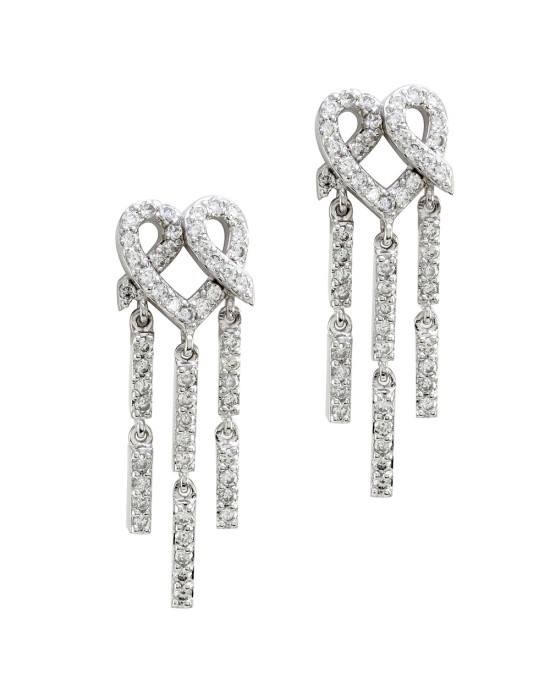 Diamond Pave Heart Dangle Earrings in 18K White Gold
