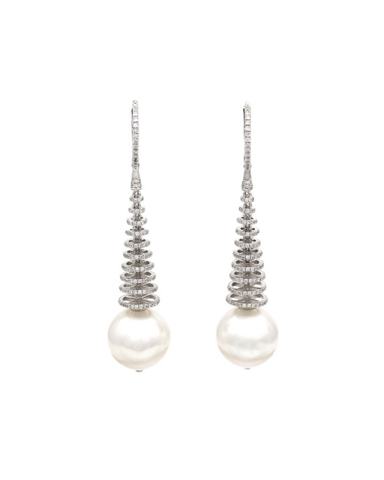South Sea Pearl and Pave Diamond Spiral Earrings in Gold