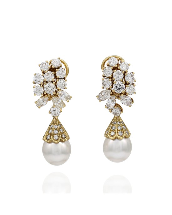 Pearl and Diamond Cluster Earrings in Gold
