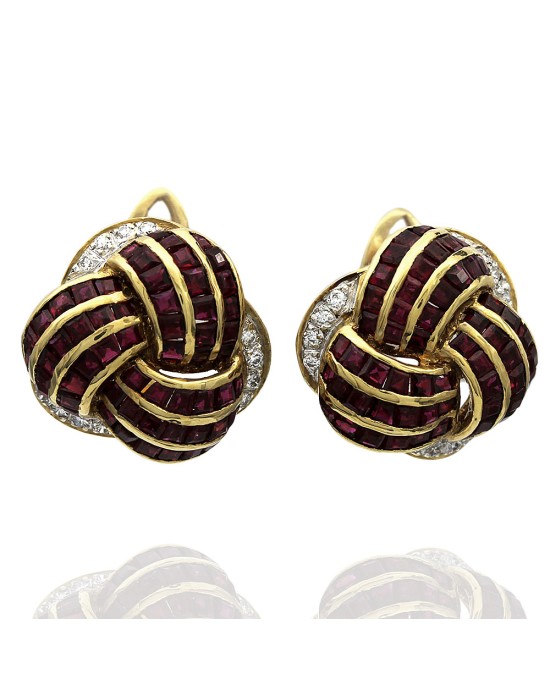 Ruby Baguette and Diamond Pave Knot Earrings