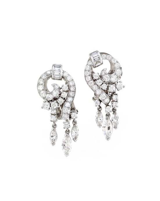 Mid-Century Diamond Drop Platinum Earrings