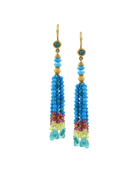 Turquoise and Multi-Color Tourmaline Earrings with Paraiba in Gold