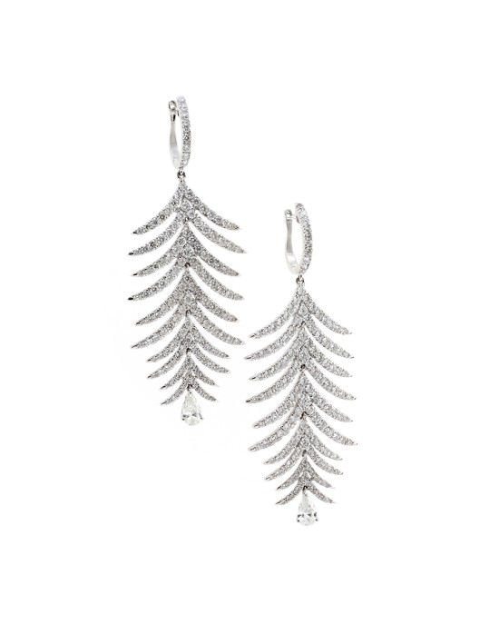 Pave Diamond and Gold Feather Dangle Earrings