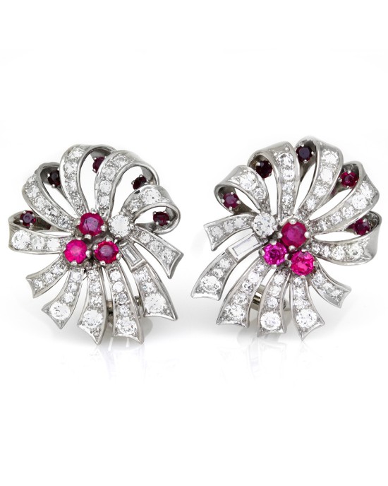 Retro Ruby & Pave Diamond Bow/ Ribbon Clip On Earrings in Platinum
