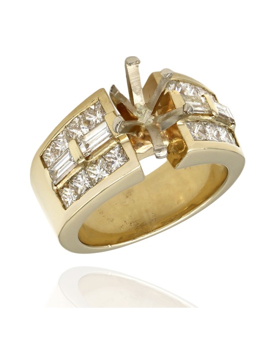 Three Row Channel Set Princess and Baguette Diamond Mounting in 14k Yellow Gold