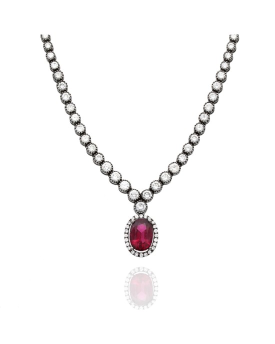 Diamond Inline Necklace with Diamond Halo and Rubellite Oval in 18k White Gold