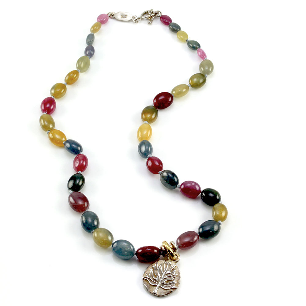 Lee Brevard Multi Color Sapphire Bead Necklace with Tree of LIfe Medallion