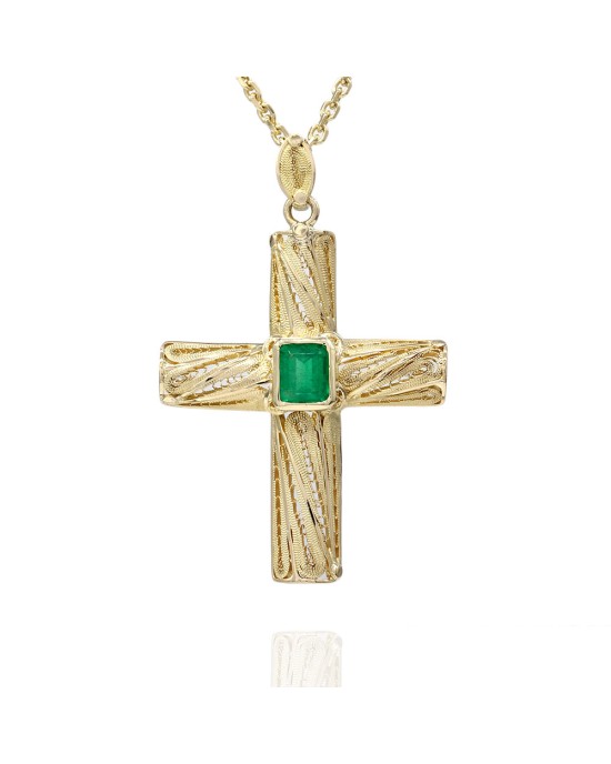 Emerald Solitaire Cross Necklace in Gold