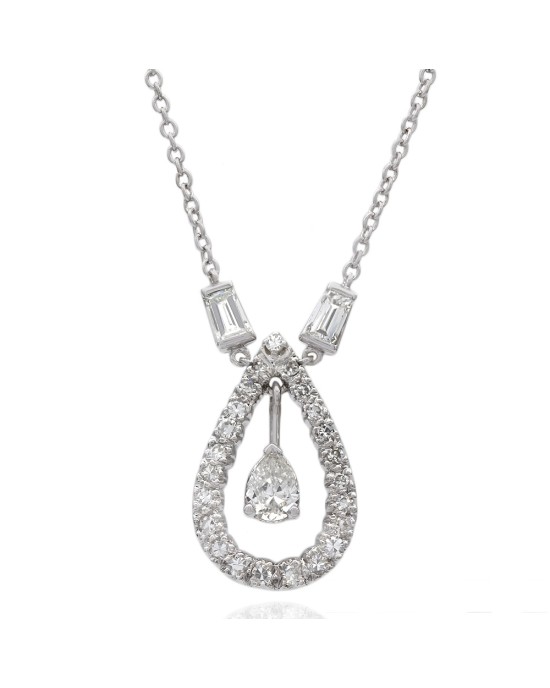 Pear Shape Diamond Halo Necklace with Single Cut & Baguette Accents in Platinum
