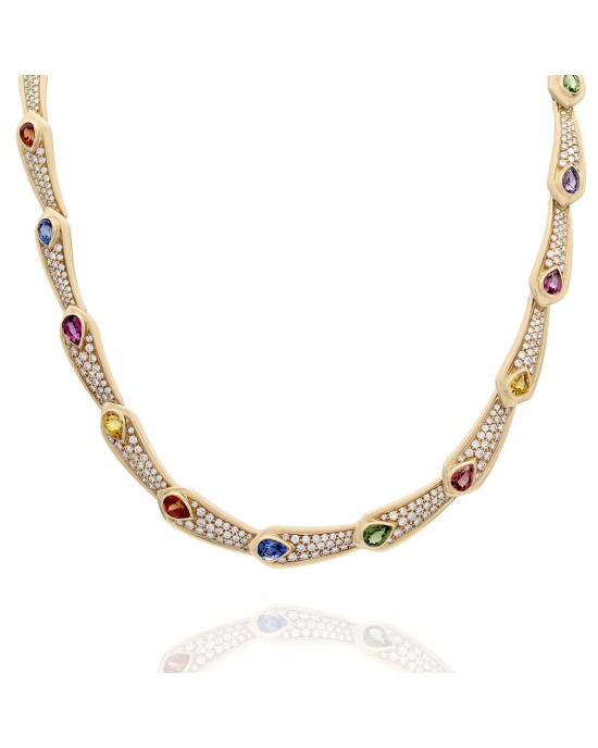 Multi Color Sapphire and Diamond Pave Link Necklace