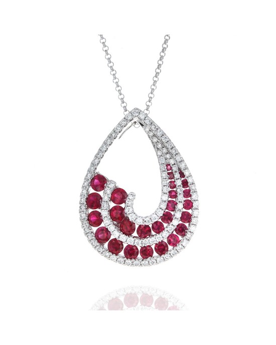 Pigeon Blood Ruby and Diamond Pear Shape Drop Necklace