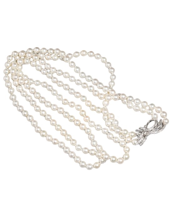 Double Strand Akoya Pearl and Diamnd Clasp Necklace